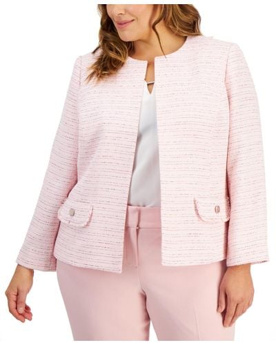 Kasper Plus Size Tweed Fringe-trim Jacket - Pink