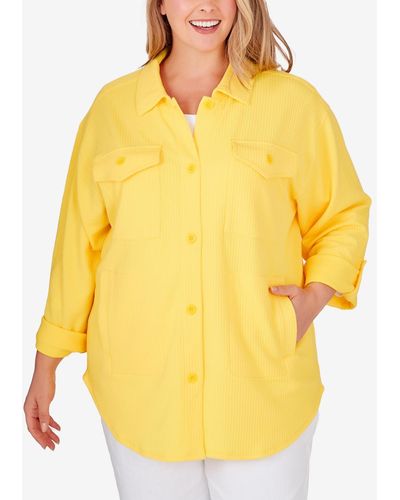 Ruby Rd. Plus Size Button Front Shirt Collar Textured Knit Jacket - Yellow