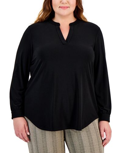 Anne Klein Plus Size Split-neck Buttoned-cuff Tunic - Black