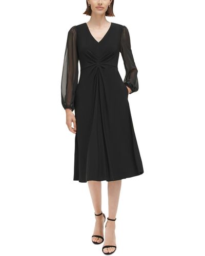 Jessica Howard Petite Gathered Blouson-sleeve Midi Dress - Black