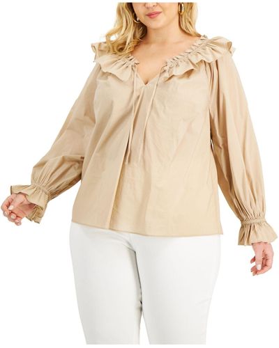 INC International Concepts Plus Size Solid Tie-neck Ruffled Blouse, Created For Macy's - Natural