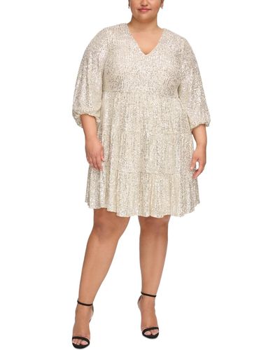 Eliza J Plus Size Sequined Long-sleeve Tiered Dress - Natural