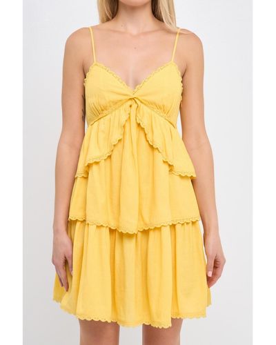 Free the Roses Lace Trimmed Cascade Tiered Mini Dress - Yellow