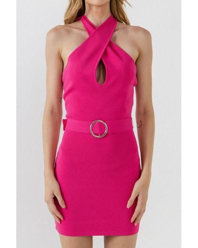 Endless Rose Crossed Halter Neck Cut Out Knit Mini Dress - Pink