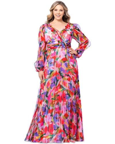 Betsy & Adam Plus Size Printed Pleated Long-sleeve Gown - Red