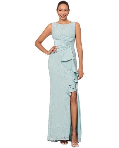 Betsy & Adam Lace Ruffled Gown - Blue