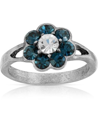 2028 Pewter Crystal Flower Ring - Blue