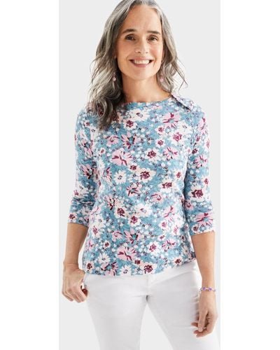 Style & Co. Pima Cotton 3/4 Sleeve Printed Top - Blue