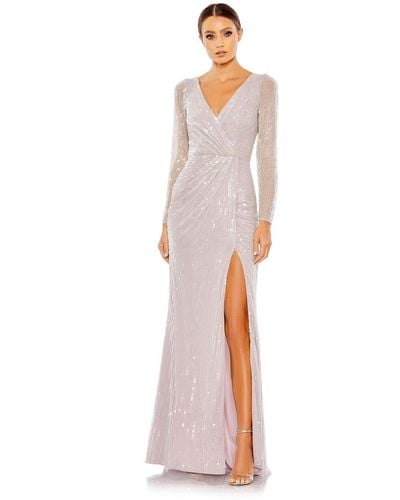 Mac Duggal Sequined Faux Wrap Long Sleeve Gown - White