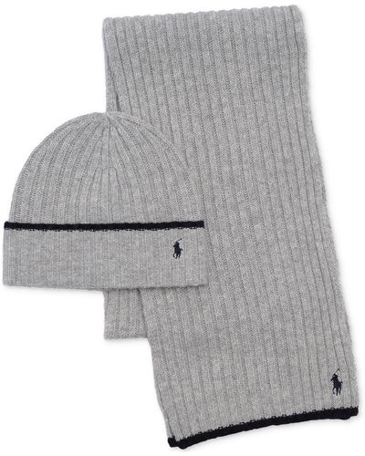 Polo Ralph Lauren Classic Ribbed Hat And Scarf Set - Gray
