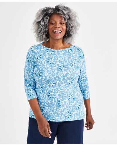 Style & Co. Plus Size Printed Pima Cotton 3/4-sleeve Top - Blue