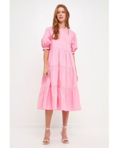 English Factory Short Puff Sleeve Midi Dress - Pink