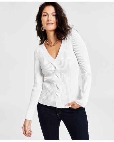 INC International Concepts Ribbed Cable-front V-neck Sweater - White