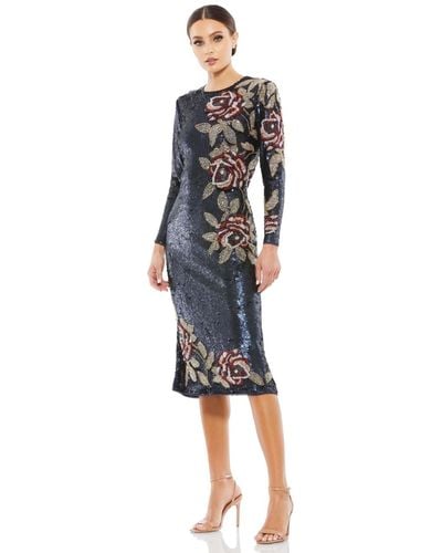 Mac Duggal Sequined Asymmetrical Floral Long Sleeve Midi Dress - Blue