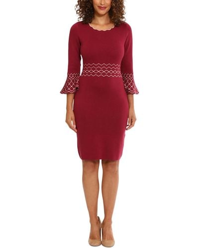 London Times Contrast-stitch Bell-sleeve Sweater Dress - Red