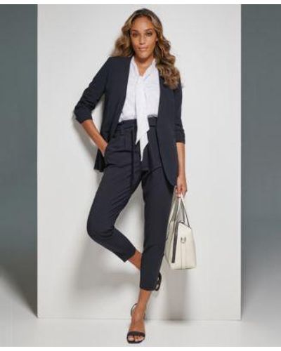 Calvin Klein Petite Scrunch Sleeve Jacket Tie Neck Blouse Mid Rise Belted Pant - Blue