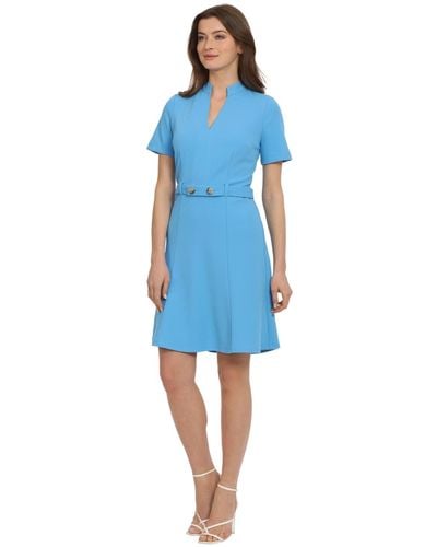 Maggy London Belted Short-sleeve Fit & Flare Dress - Blue