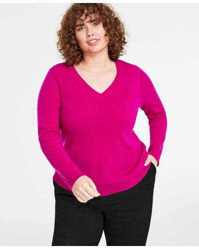 Charter Club Plus Size V-neck 100% Cashmere Sweater - Pink