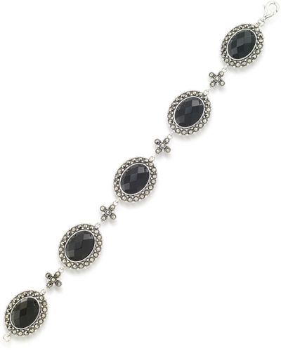 Macy's Marcasite And Faceted Onyx Oval 7.25" Link Bracelet - Black