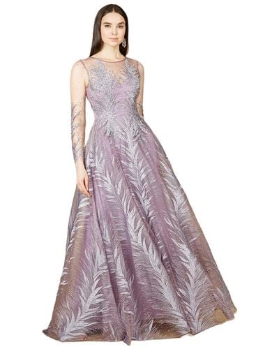 Lara High Neck Sheer Long Sleeve Embellished Gown - Purple