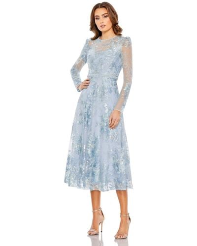 Mac Duggal Embellished Illusion Long Sleeve Midi Dress - Blue