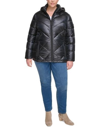 Calvin Klein Plus Size Shine Hooded Packable Puffer Coat - Black