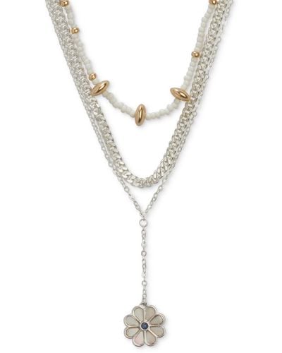 Lucky Brand Two-tone Color Stone & Mother-of-pearl Daisy Beaded Layered Lariat Necklace - Metallic