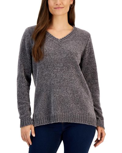 Karen Scott V-neck Chenille Sweater - Gray
