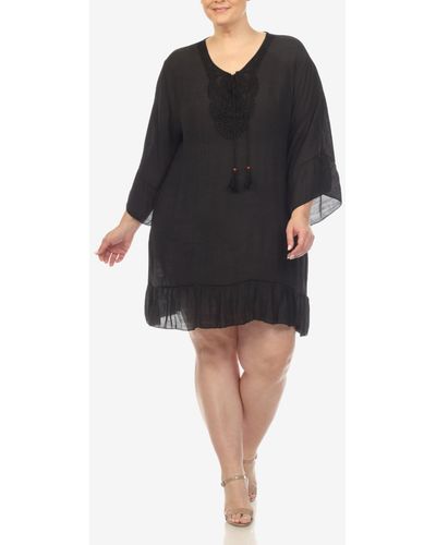White Mark Plus Size Sheer Embroidered Knee Length Cover Up Dress - Black