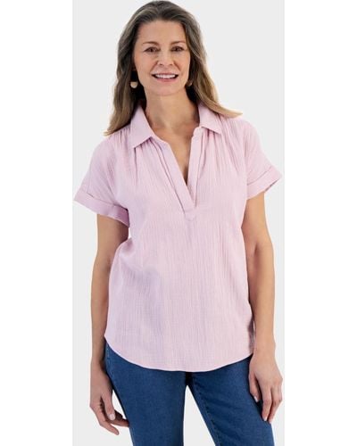 Style & Co. Petite Cotton Short-sleeve Camp Shirt - Purple