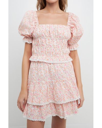 Free the Roses Floral Eyelet Smocked Cropped Top - Pink