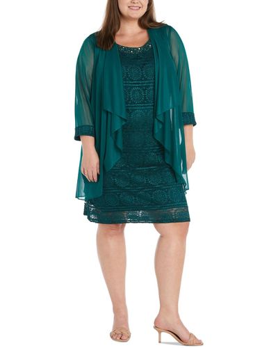 R & M Richards Plus Size Cascade-collar Jacket And Beaded-neck Dress - Green