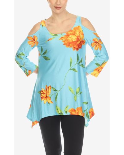 White Mark Floral Printed Cold Shoulder Tunic Top - Blue