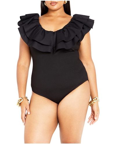 City Chic Plus Size Frill Shoulder Bodysuit - Black