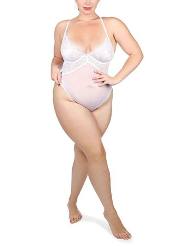 Memoi Emilie Sleeveless Sheer Mesh Lace Thong Bodysuit - White