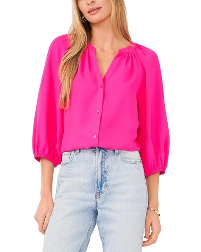 Vince Camuto Button Front 3/4-puff Sleeve Top - Pink