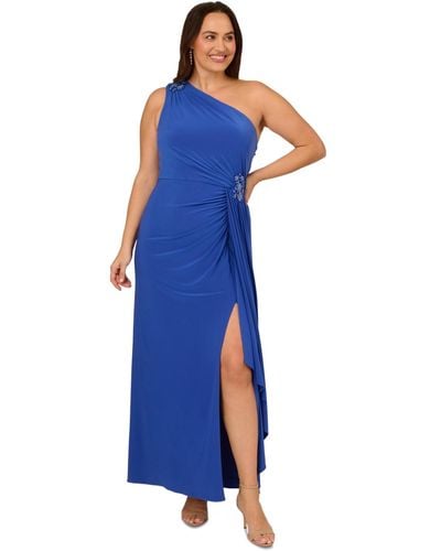 Adrianna Papell Plus Size One-shoulder Draped Jersey Gown - Blue