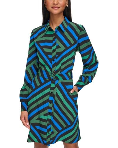 Karl Lagerfeld Geometric Stripe Print Silky Crepe Shirt Dress - Blue