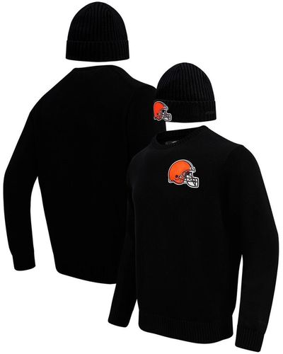 Pro Standard Cleveland Browns Crewneck Pullover Sweater And Cuffed Knit Hat Box Gift Set - Black