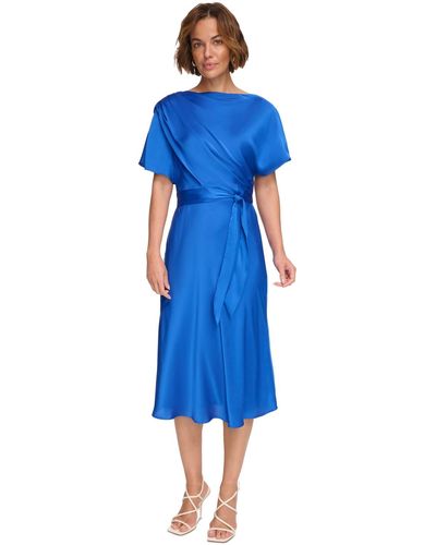 DKNY Cowlneck Dolman-sleeve Belted Midi Dress - Blue