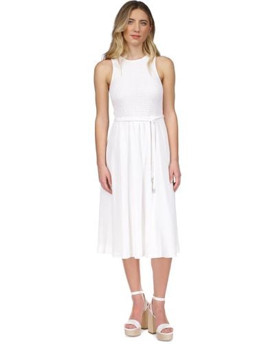 Michael Kors Michael Smocked Textured Sleeveless Midi Dress - White