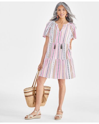 Style & Co. Stripe Split-neck Tiered Dress - Pink