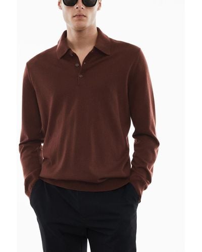 Mango 100% Merino Wool Long- Sleeved Polo Shirt - Brown