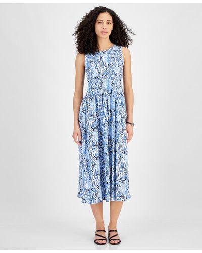 Tommy Hilfiger Floral Print Smocked Sleeveless Midi Dress - Blue