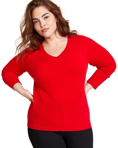 Charter Club Plus Size V-neck 100% Cashmere Sweater - Red