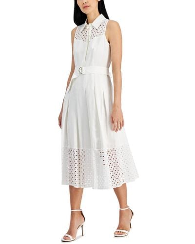 Anne Klein Linen-blend Eyelet-embroidered Belted Pleated Dress - White