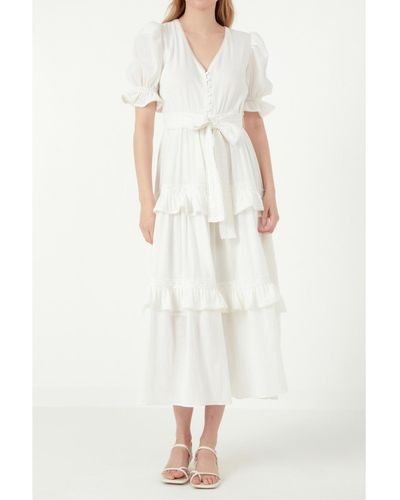 Free the Roses Ruffled Lace Trim Duster Maxi Dress - White