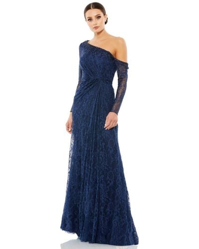 Mac Duggal Draped Jewel Encrusted Lace Drop Shoulder Gown - Blue