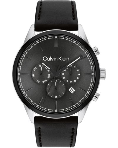Calvin Klein Multi-function Leather Strap Watch 44mm - Black