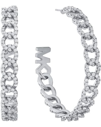 Michael Kors Platinum Plated Pave Frozen Curb Hoop Earrings - Metallic